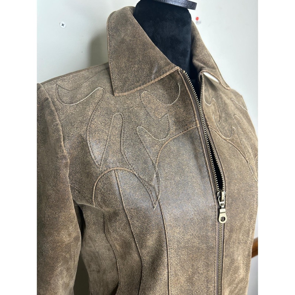 Vintage Leather Jacket Womens M Brown Distressed Flame Embroidery Western Good - Picture 3 of 17